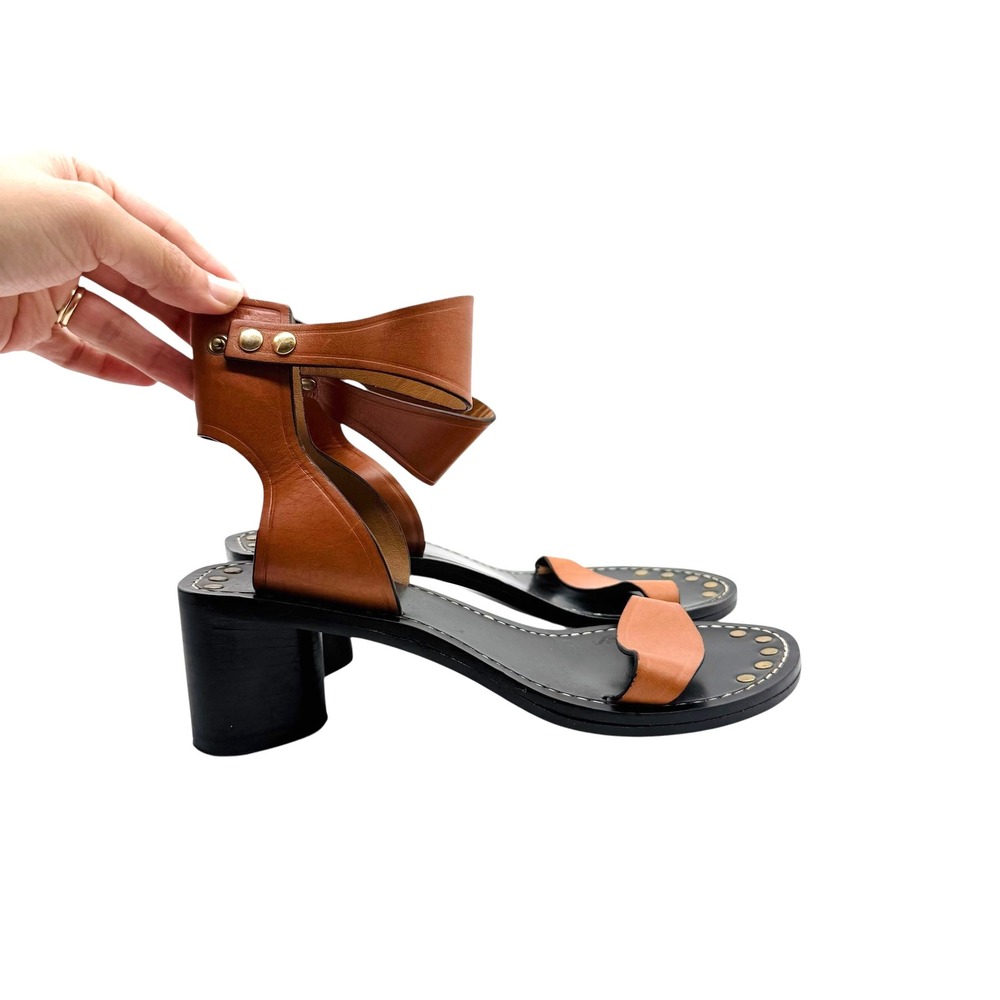 Isabel Marant‎ Womens Tan Leather Studded Block Heel Ankle Strap Sandals 37